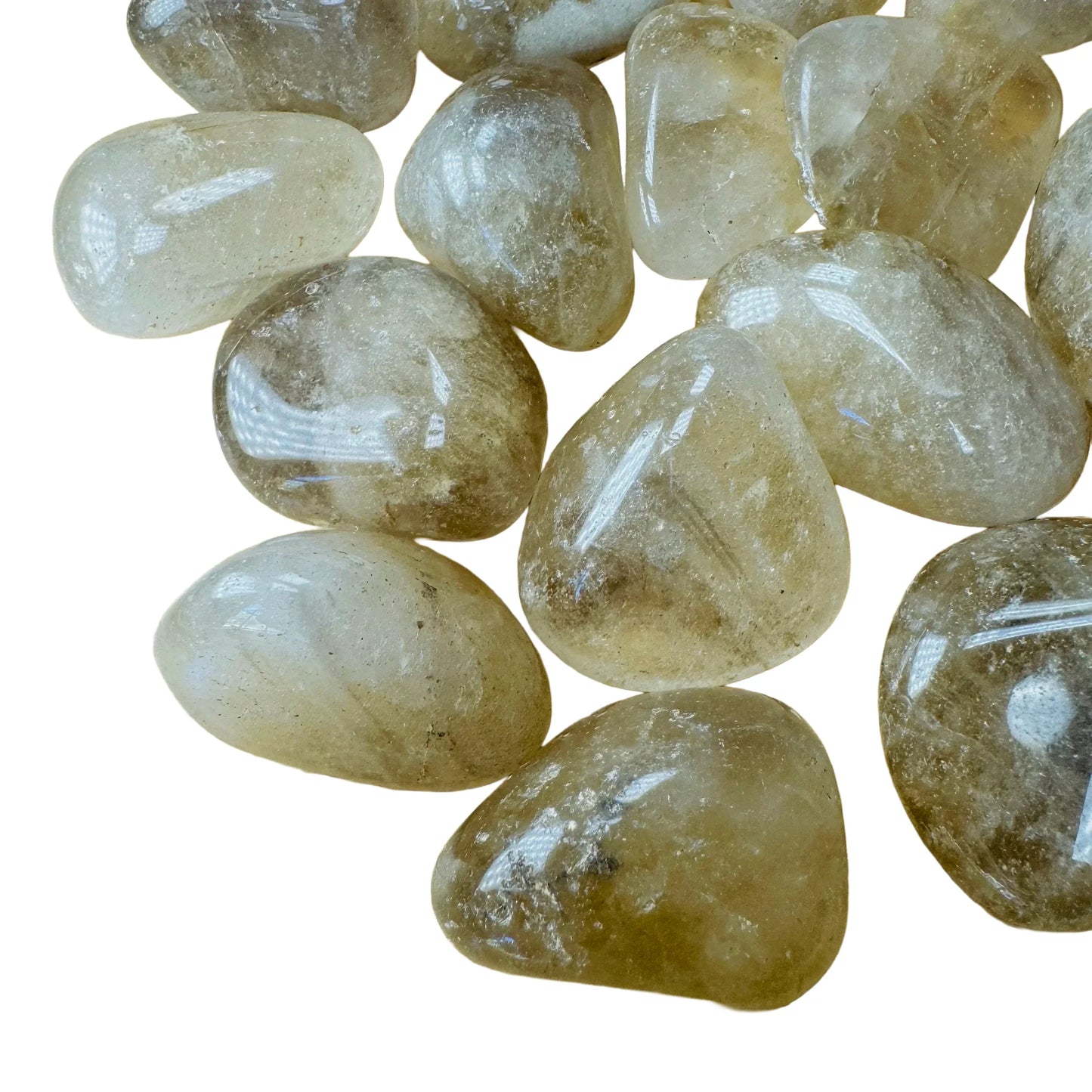 Sideways view of Natural Citrine tumbled stone, showing characteristic finish, sourced from Brazil.
