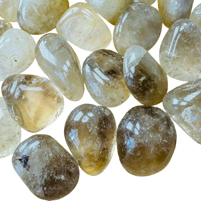 Underside view of Grade A Natural Citrine tumbled stone, sourced from Minas Gerais, Brazil, showing matte finish.