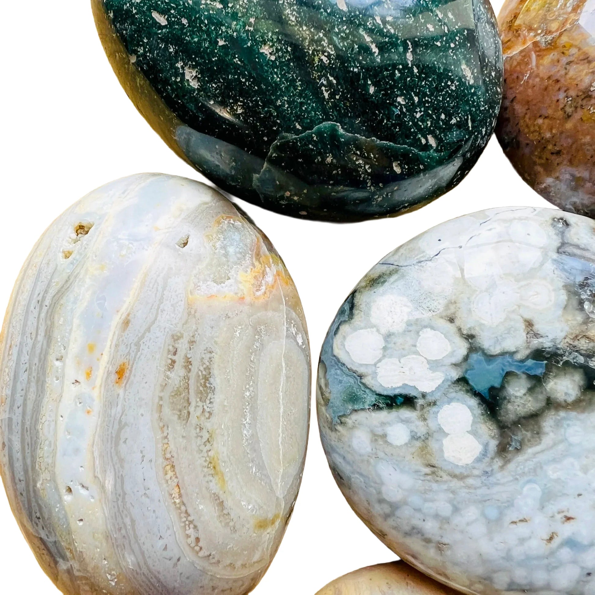 Lateral view of Ocean Jasper palm stone, hand-selected from Sofia, Madagascar, showing natural texture.