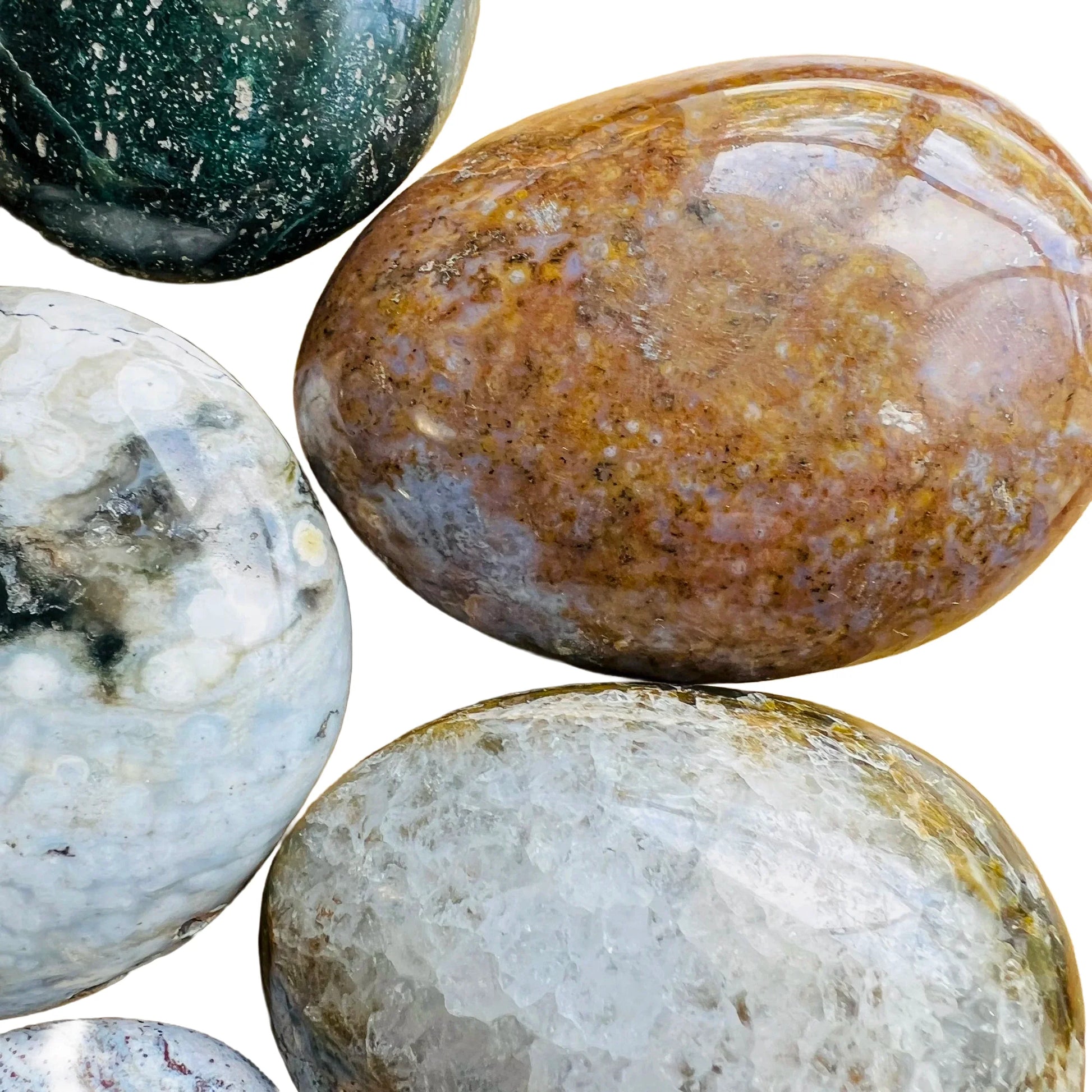Underside detail of Ocean Jasper palm stone, showing matte finish.