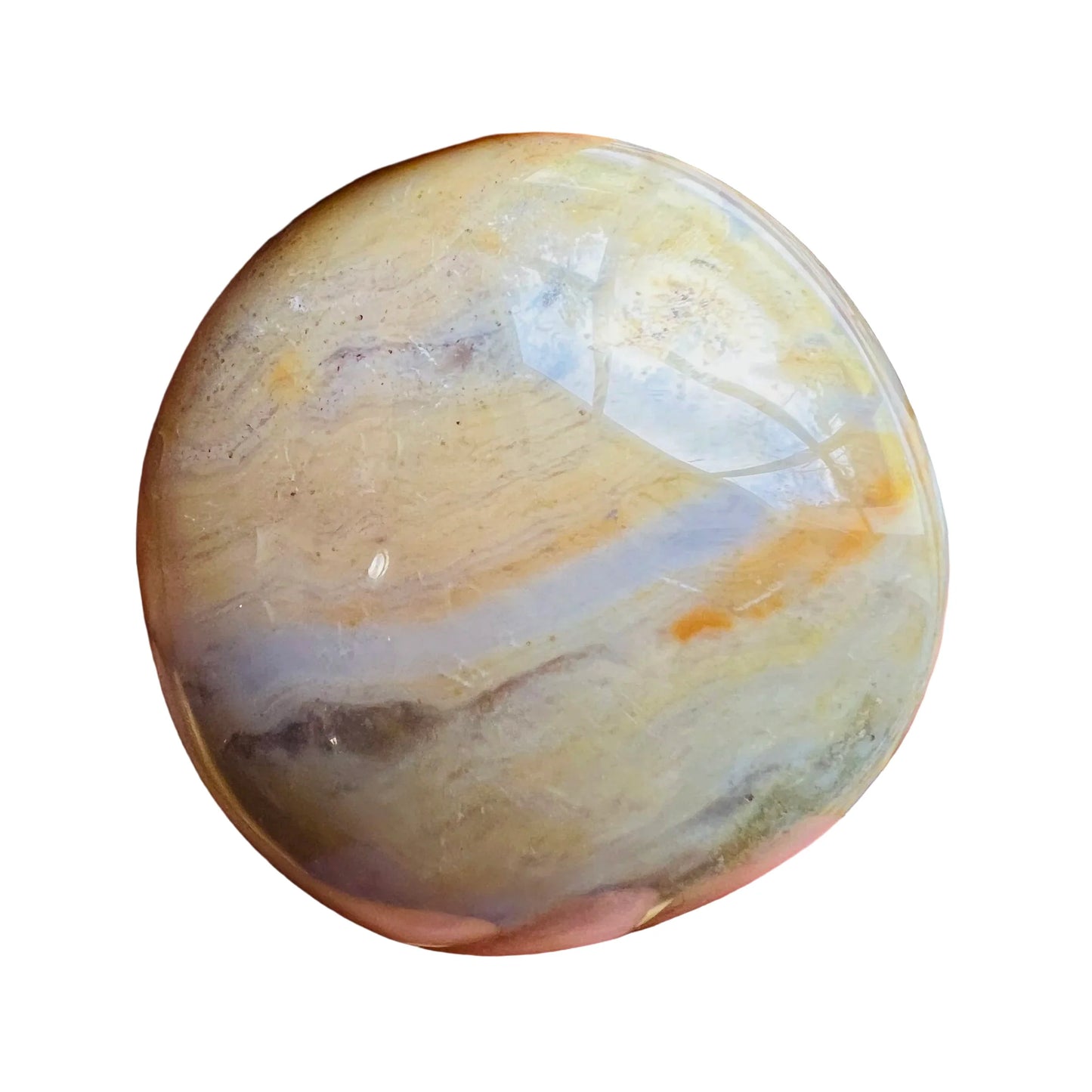 Soft-light view of Ocean Jasper palm stone, from Sofia, Madagascar, associated with Stress Relief, showing the wear and finish.