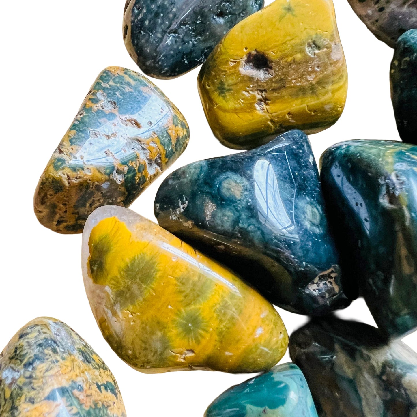 Surface detail of Ocean Jasper tumbled stone, kept close for Emotional Healing, from Sofia, Madagascar.