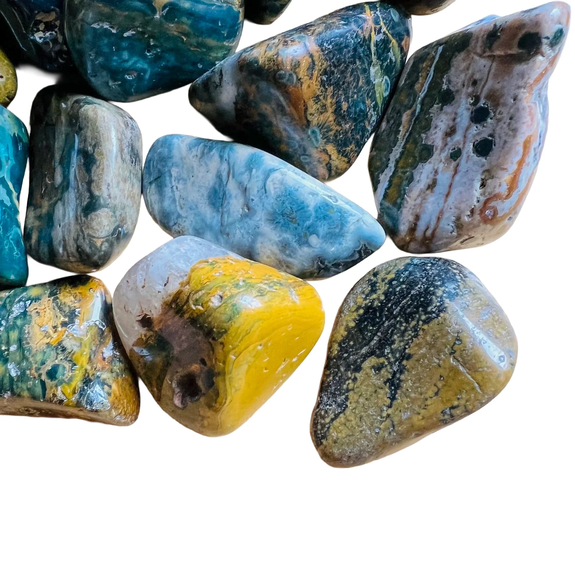Top angle of Ocean Jasper tumbled stone, showing characteristic color.
