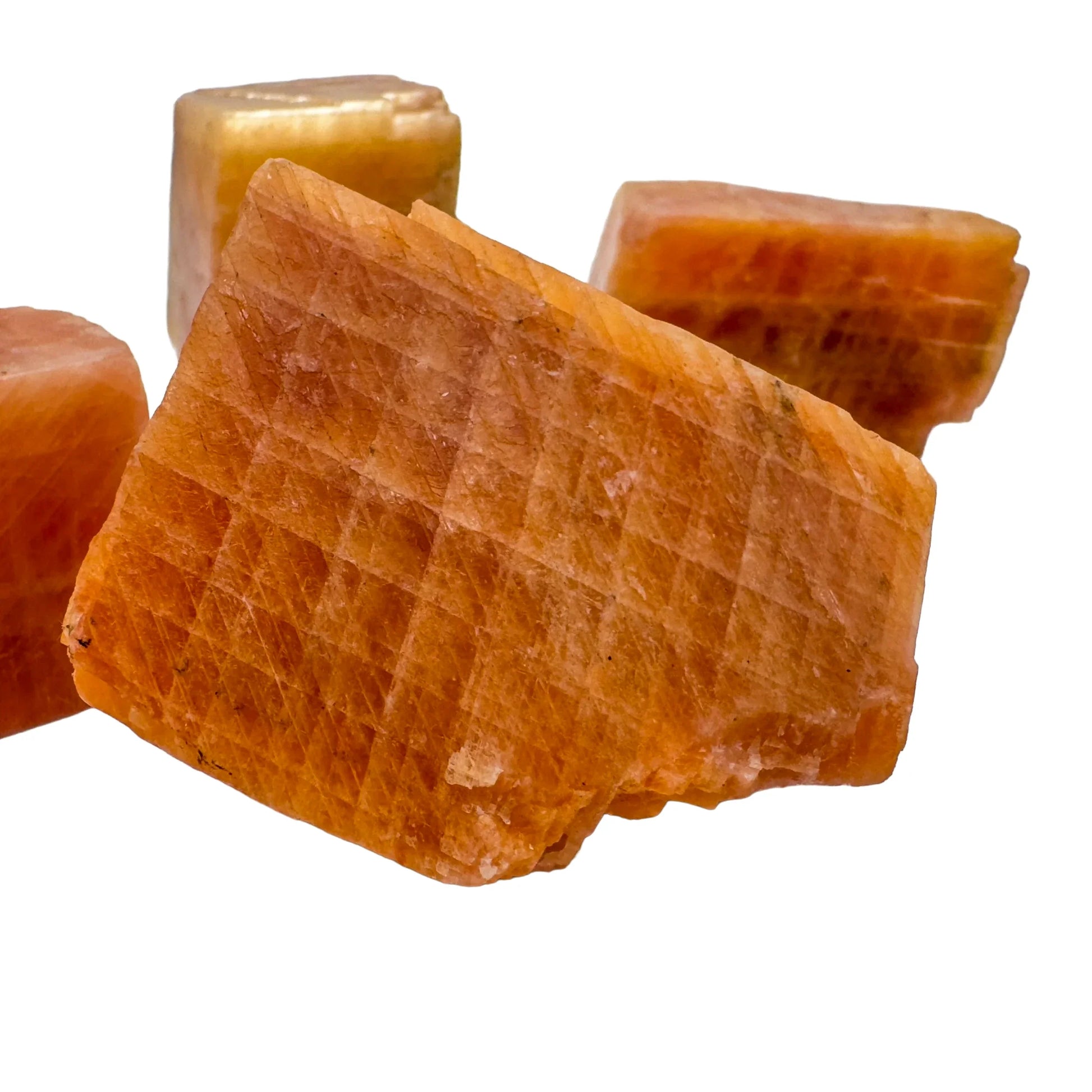 Alternate angle of Grade AA Orange Calcite raw stone, associated with Energy and Creativity.