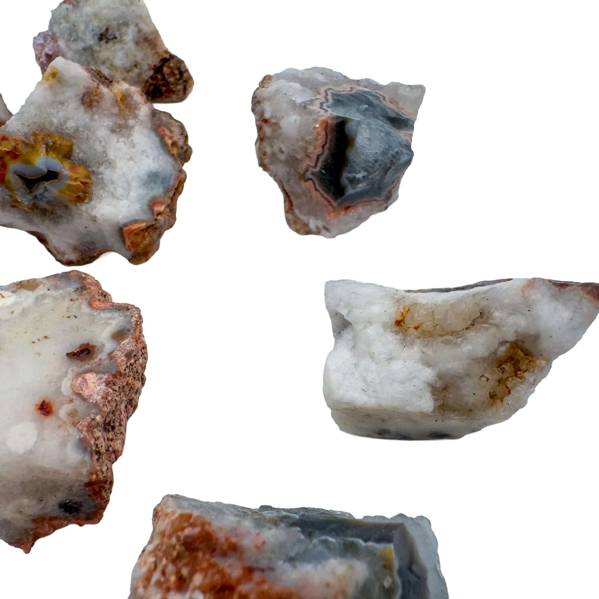 Rear view of multicolored Patagonia Agate raw stone, showing characteristic patterning, from Argentina.