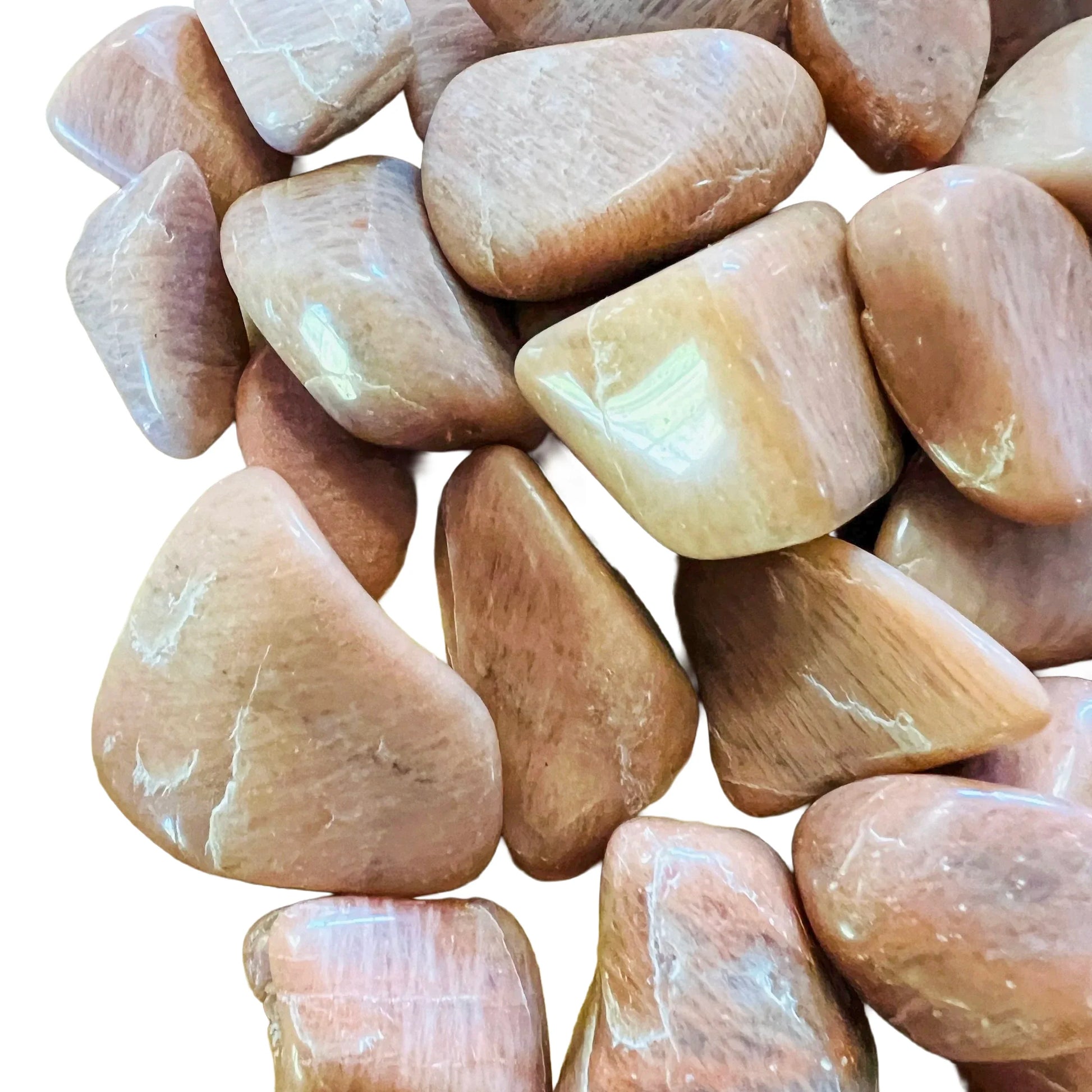 Plan view of Peach Moonstone tumbled stone, from Madagascar, showing natural inclusions.