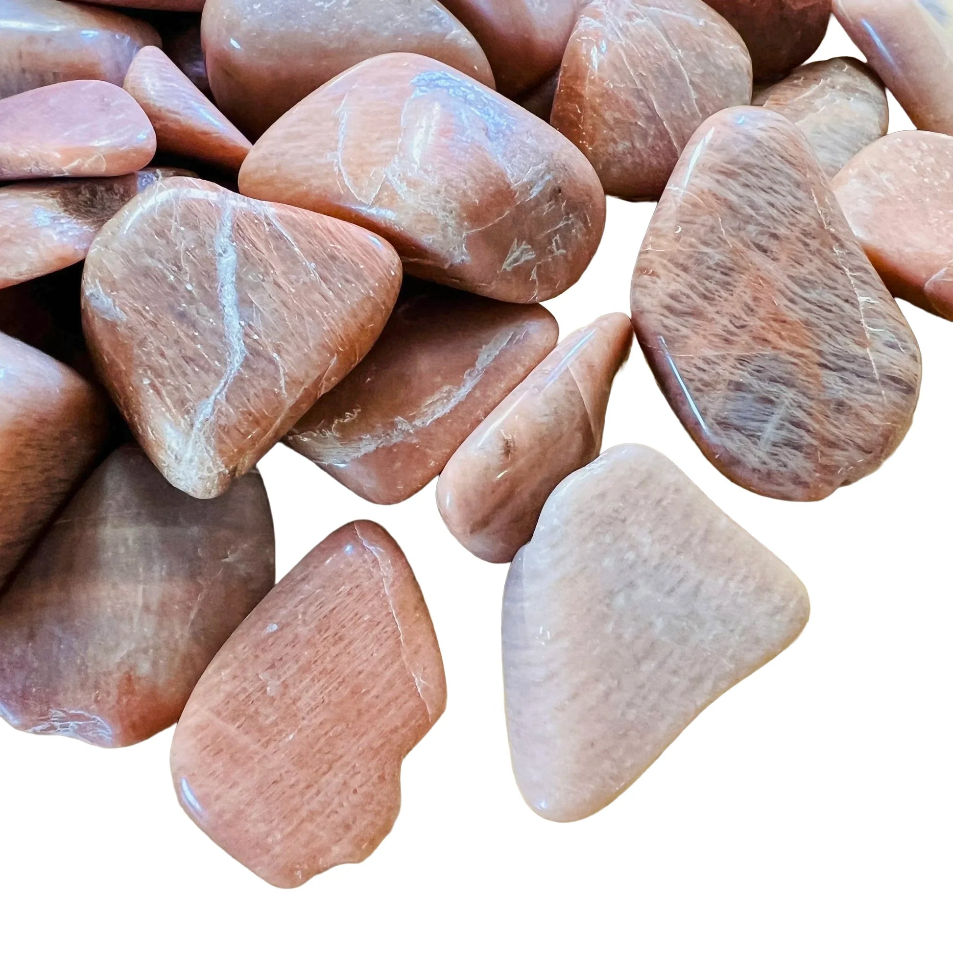 Reverse angle of Peach Moonstone tumbled stone, drawn on for Emotional Healing and Self Love.