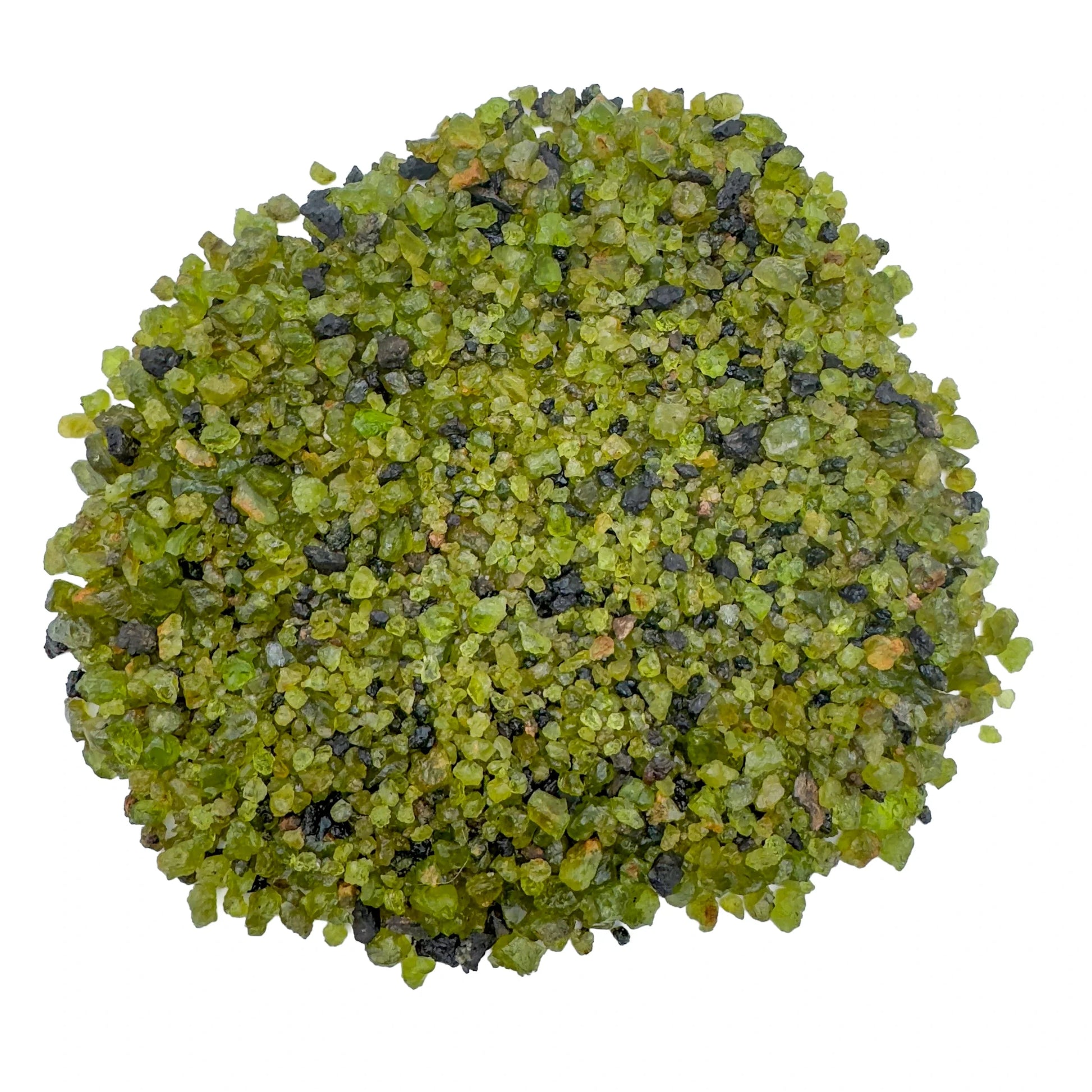 Side angle of Grade AA Peridot raw stone, for Abundance and Emotional Healing, from San Carlos Apache Reservation, Arizona.
