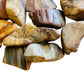 Side profile of Grade A brown Petrified Wood tumbled stone, showing natural sheen, kept near for Grounding.