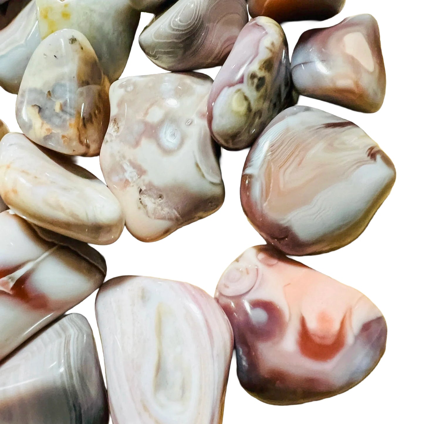 Underside detail of Pink Agate tumbled stone, from Botswana, carried for Love and Self Love.