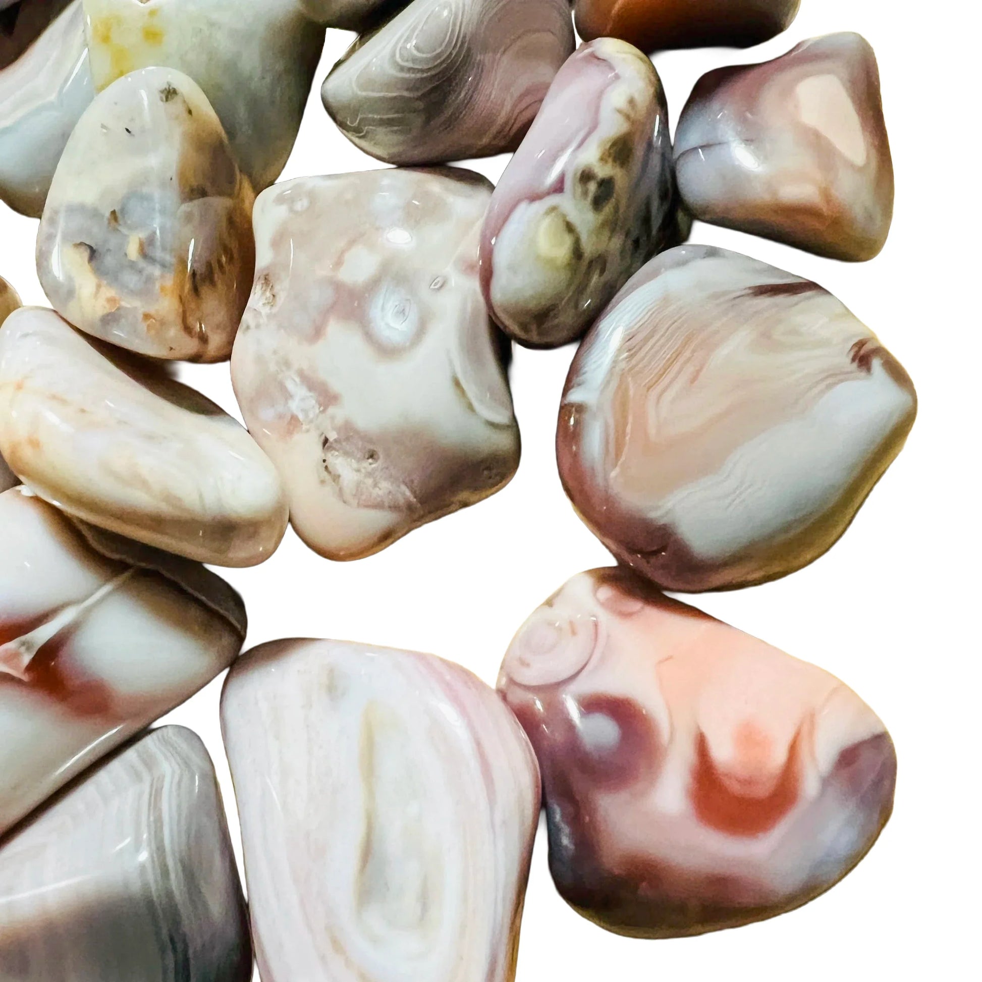 Underside detail of Pink Agate tumbled stone, from Botswana, carried for Love and Self Love.