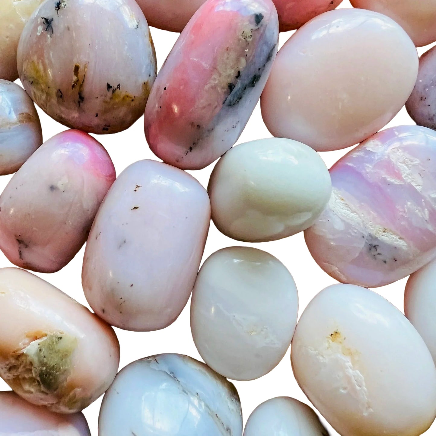 Sideways view of Pink Opal tumbled stone, showing characteristic color, to support Love.