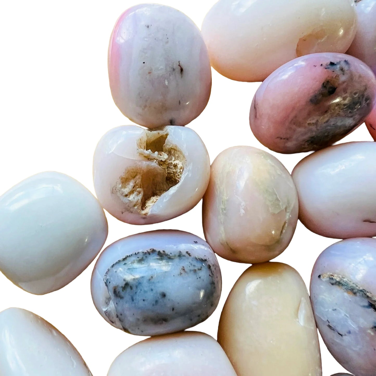 Top-side view of Grade A Pink Opal tumbled stone, from Ica, Peru, showing translucent edges.