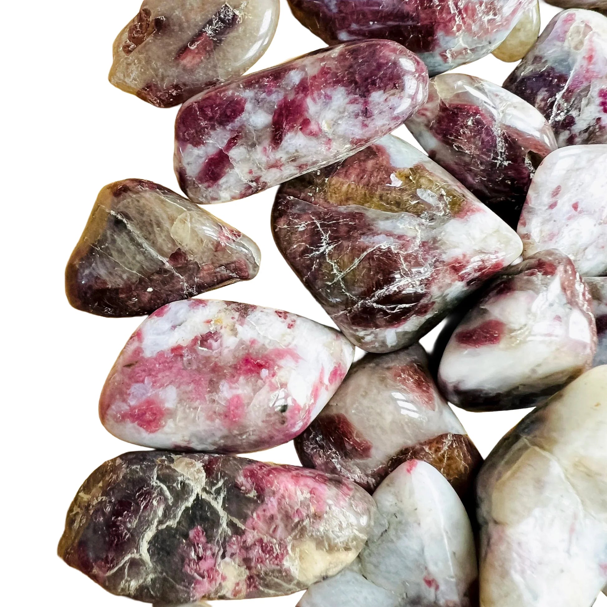 Edge view of Pink Tourmaline tumbled stone, showing natural inclusions.