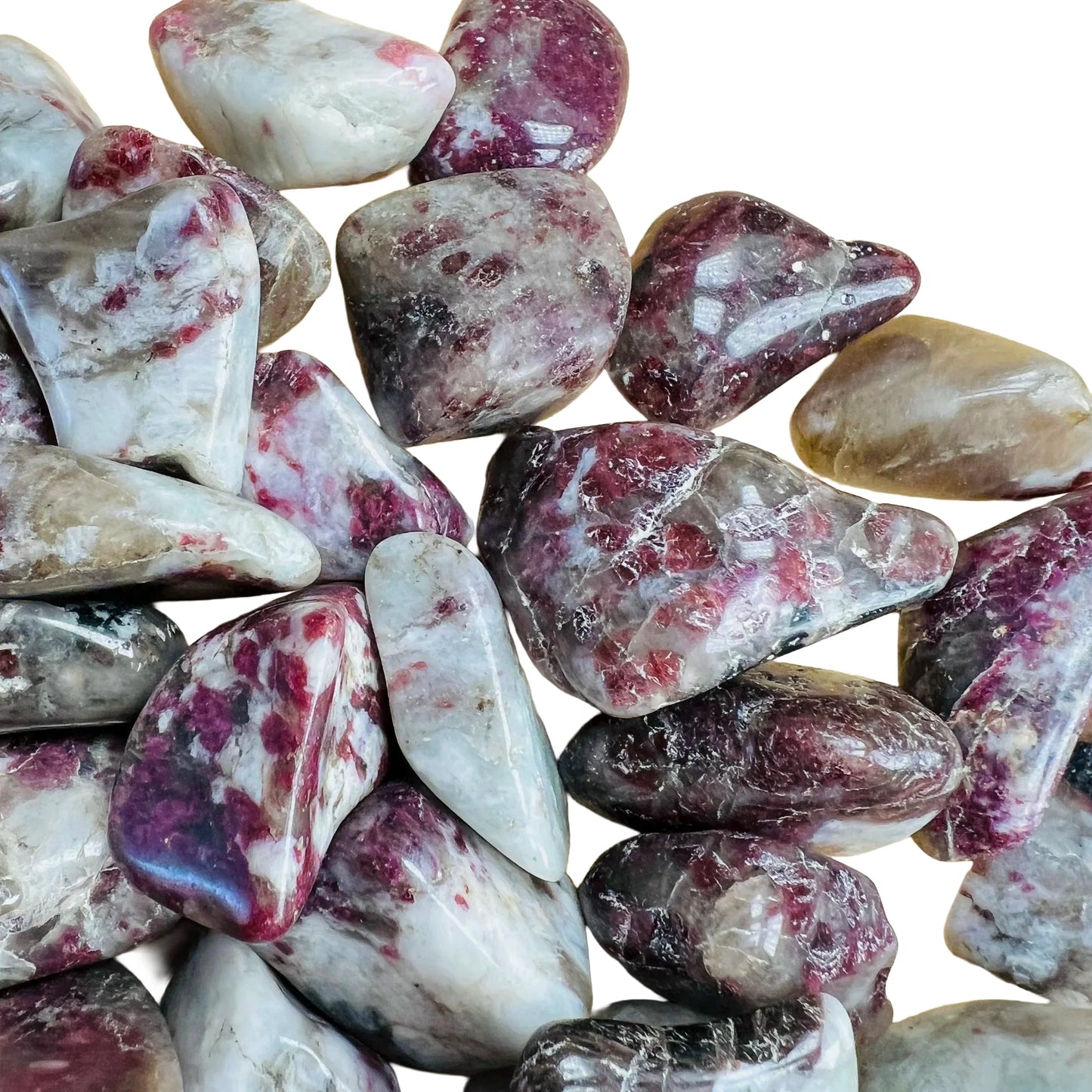 Underside detail of Pink Tourmaline tumbled stone, from Madagascar, associated with Love.