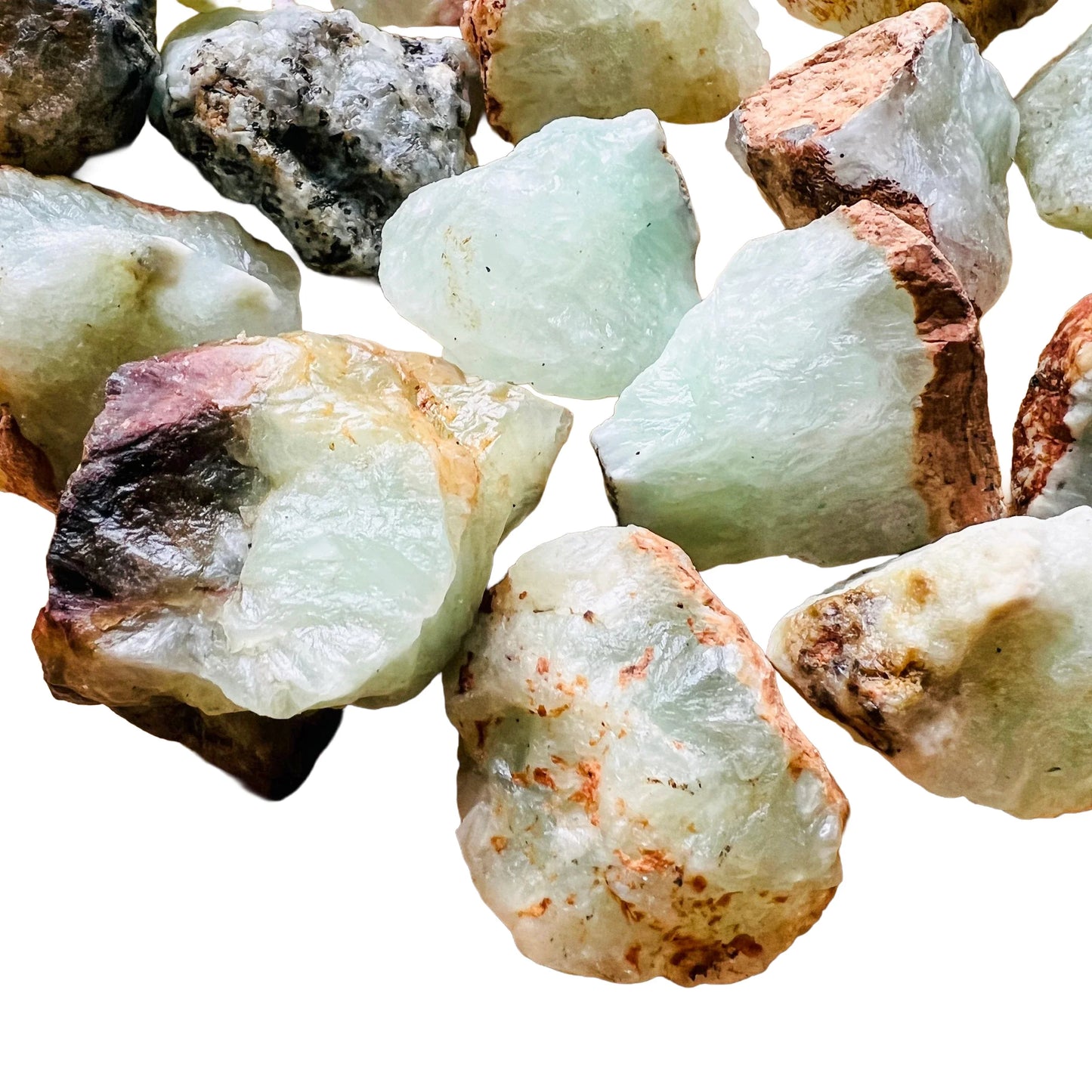 Edge view of Prehnite raw stone, turned to for Healing and Meditation.