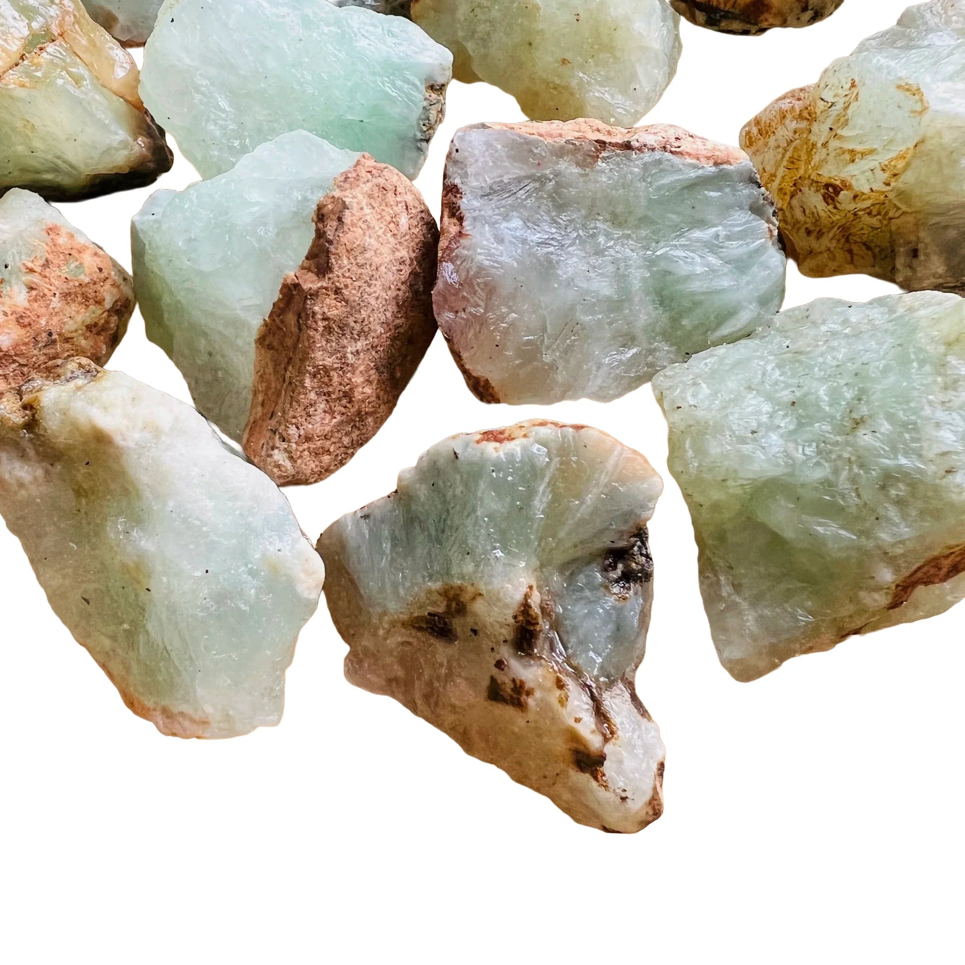 Looking down on Grade A Prehnite raw stone, hand-selected from Kunene, Namibia, showing earthy tone.