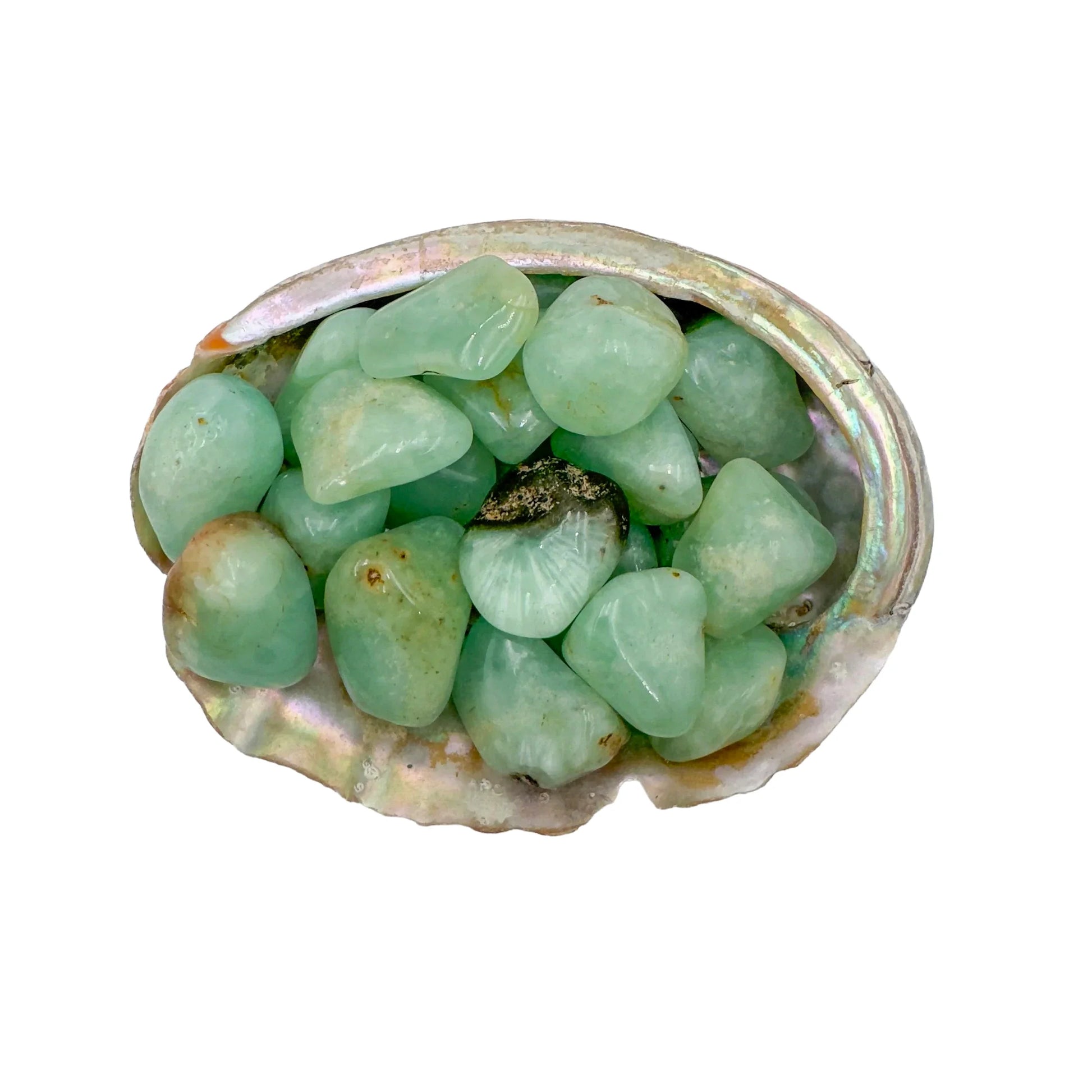 Surface detail of Prehnite tumbled stone, showing matte finish, to support Healing and Meditation.