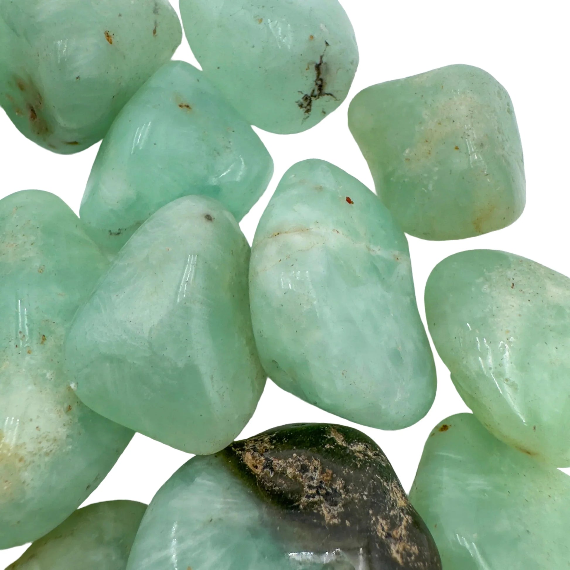 Full piece view of Prehnite tumbled stone, from Erongo, Namibia, shown for shape and scale.