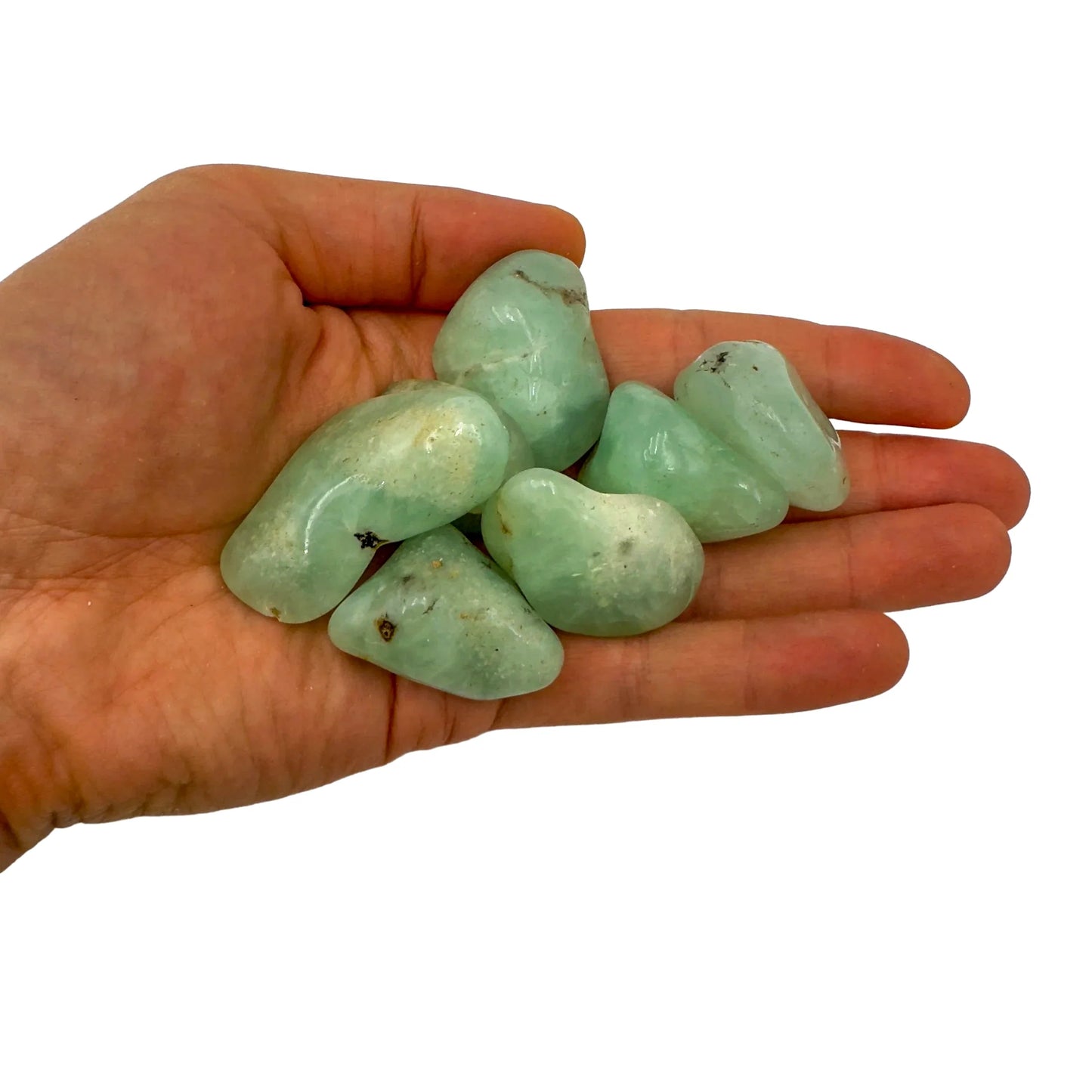 Back view of Grade AA Prehnite tumbled stone showing natural surface