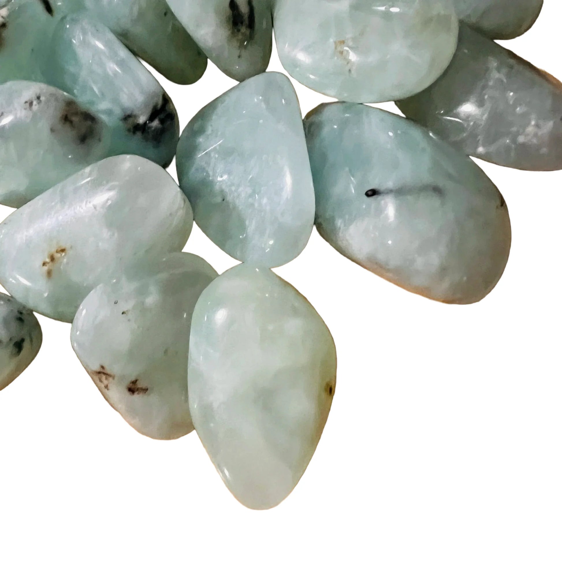 Close detail of Prehnite tumbled stone, sourced from Erongo, Namibia.