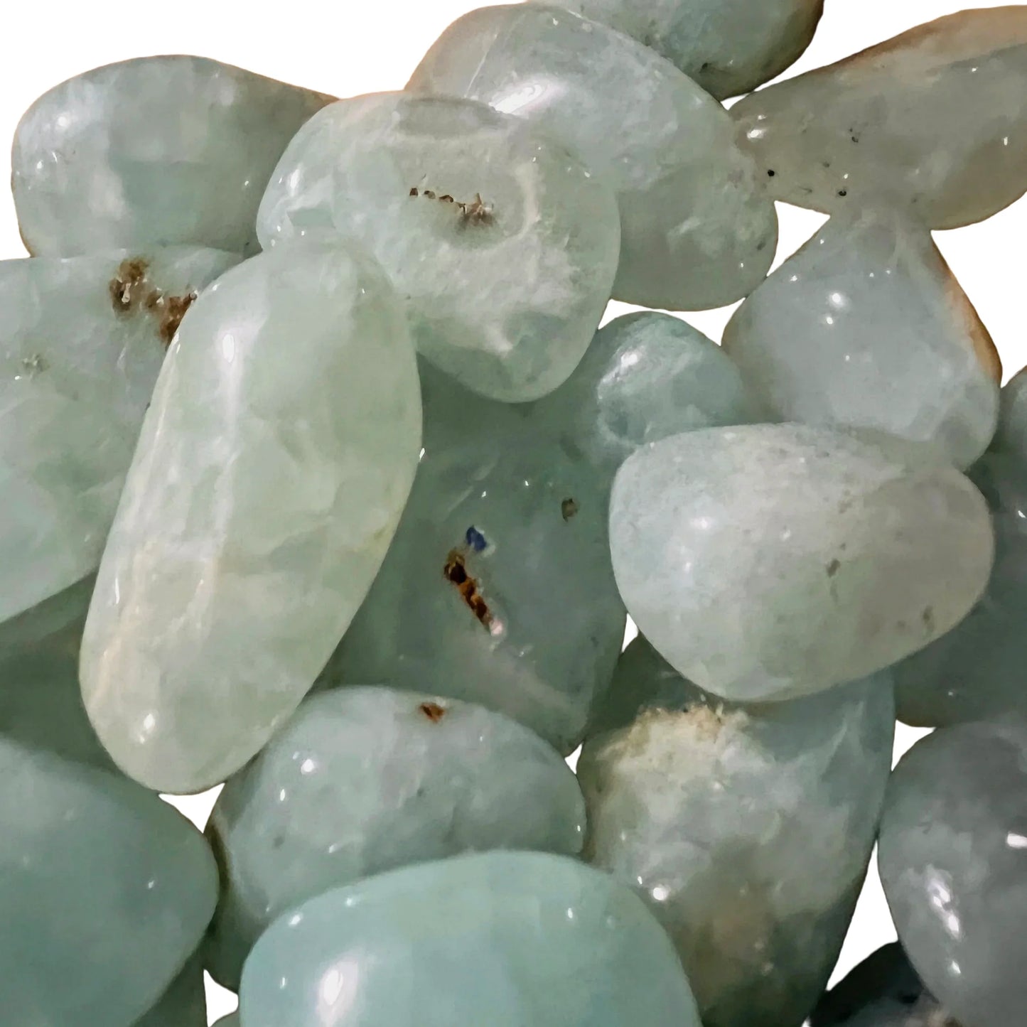 Overhead angle of Prehnite tumbled stone, to support Healing and Meditation.