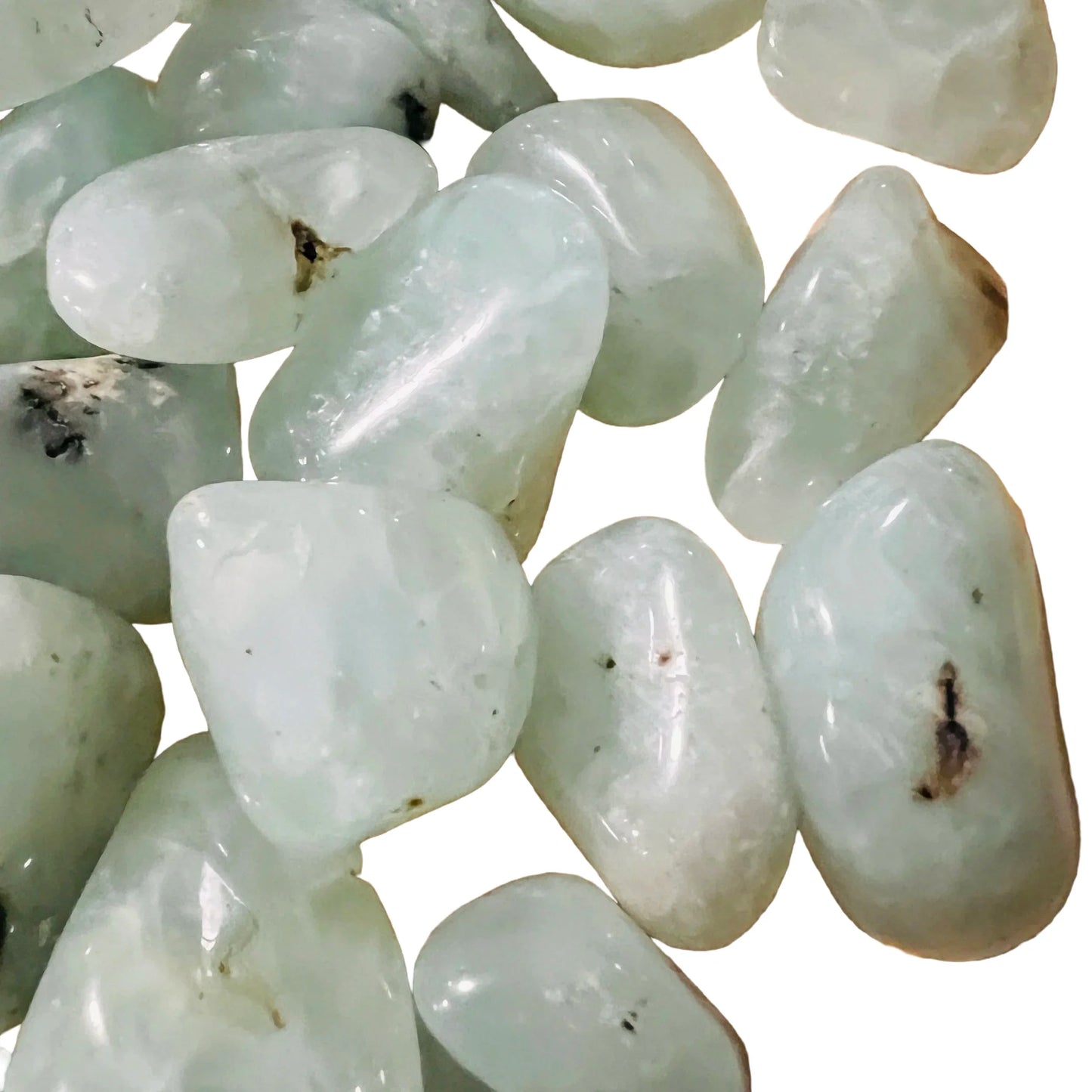 Opposite side of Prehnite tumbled stone, from Erongo, Namibia, showing natural sheen.