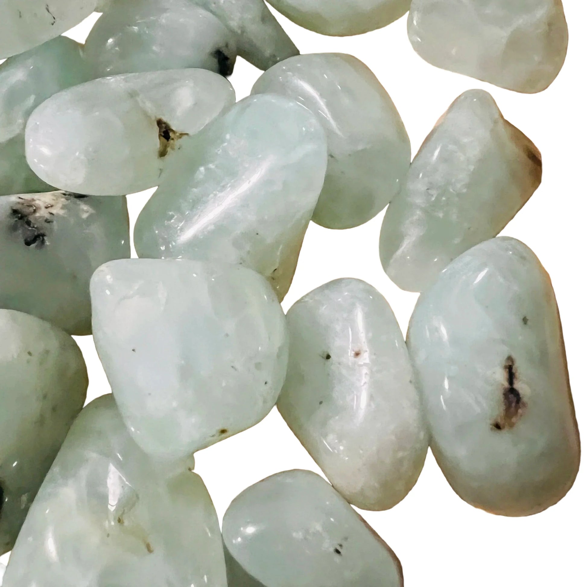 Opposite side of Prehnite tumbled stone, from Erongo, Namibia, showing natural sheen.