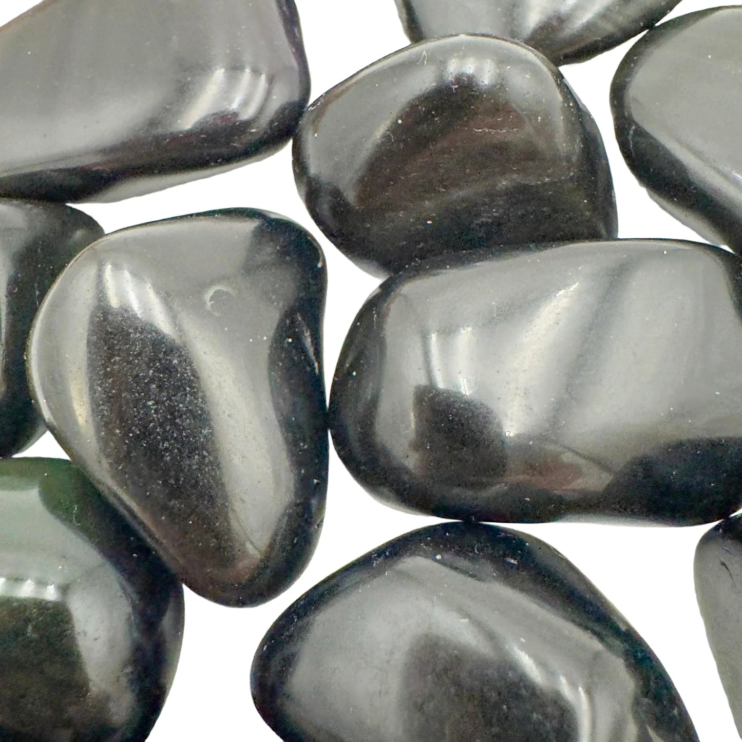 Overhead angle of black Rainbow Obsidian tumbled stone, showing subtle veining.