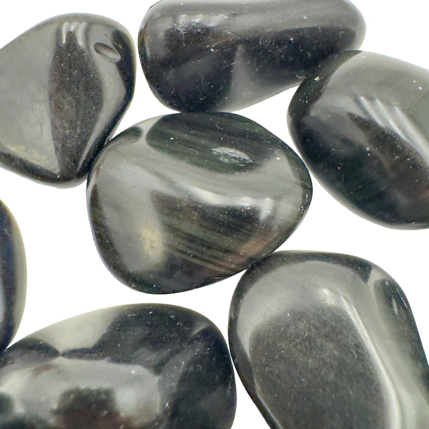 Rear view of Rainbow Obsidian tumbled stone, showing natural inclusions.