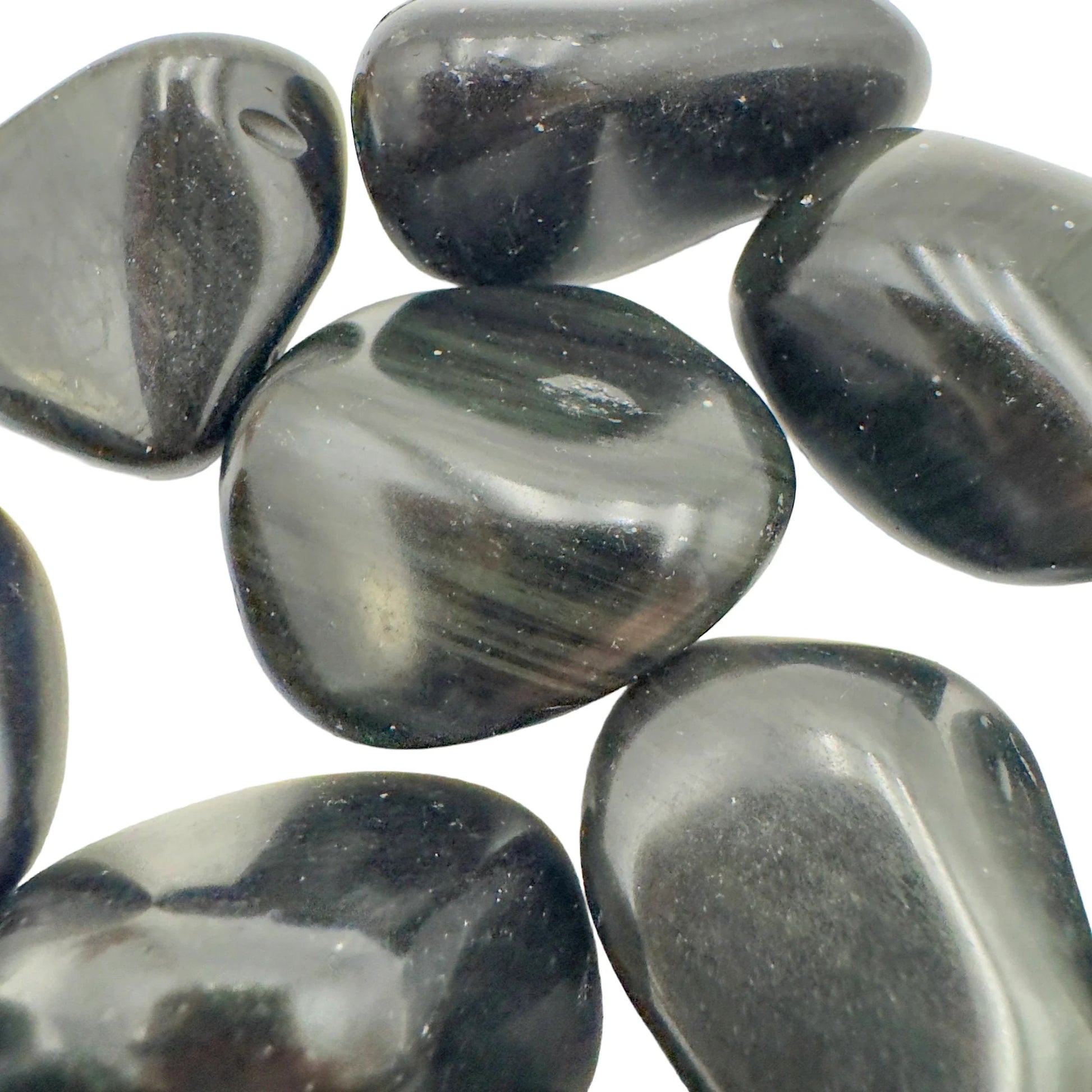 Rear view of Rainbow Obsidian tumbled stone, showing natural inclusions.