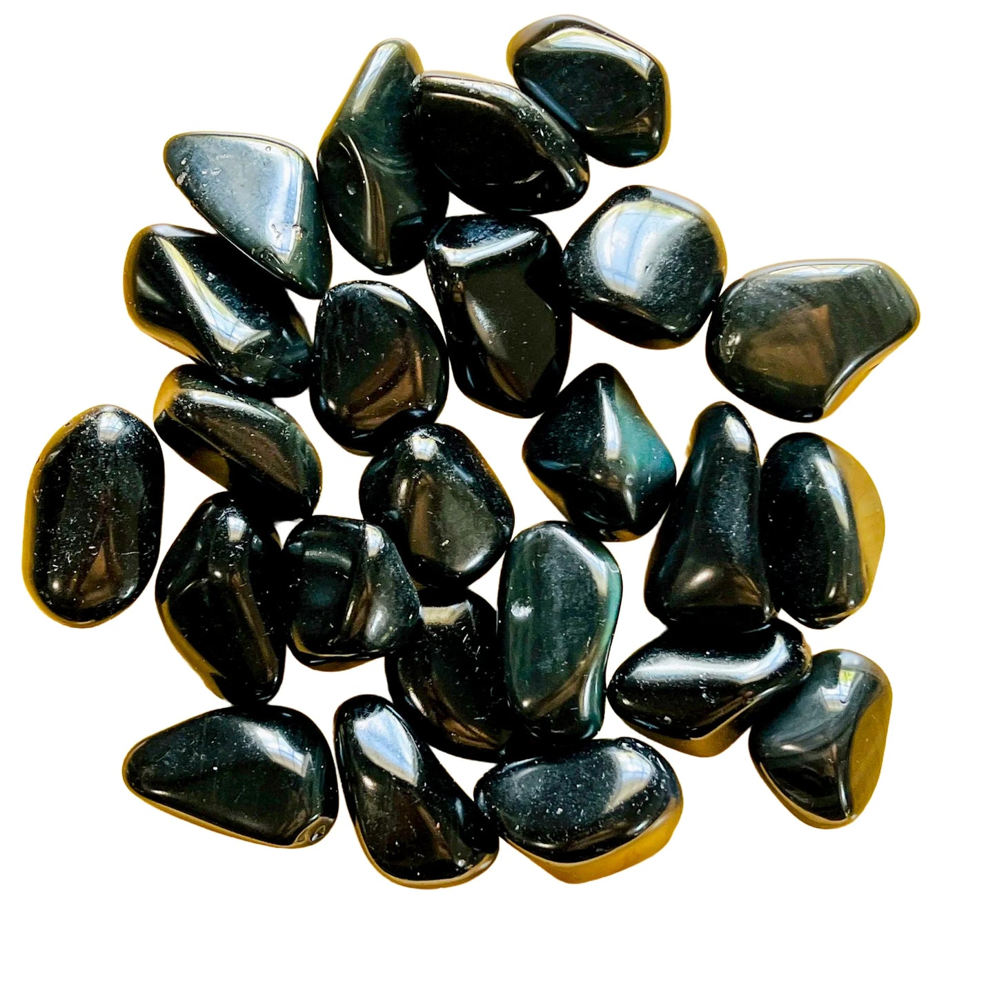 Back view of Grade AA Rainbow Obsidian tumbled stone showing natural surface