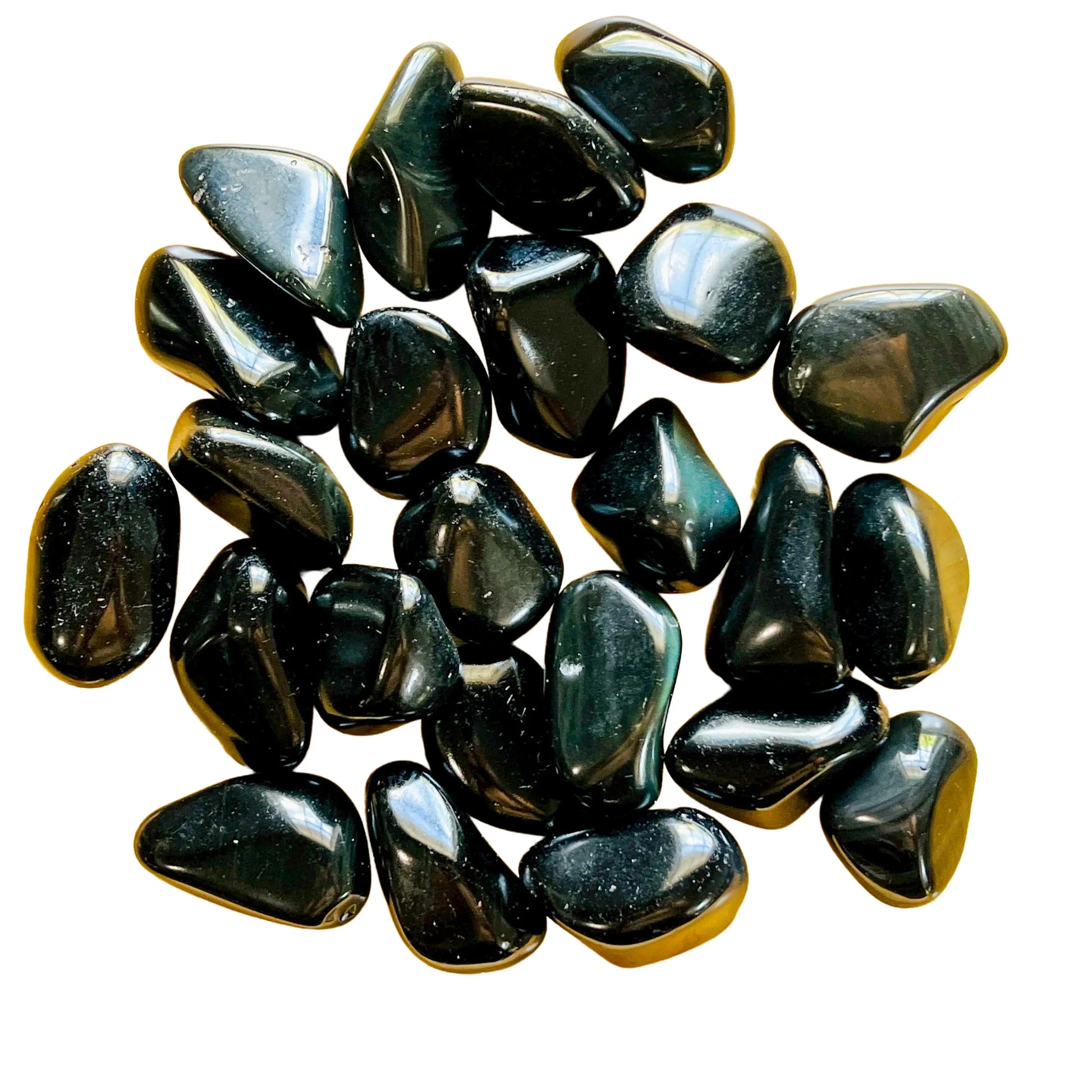 Back view of Grade AA Rainbow Obsidian tumbled stone showing natural surface