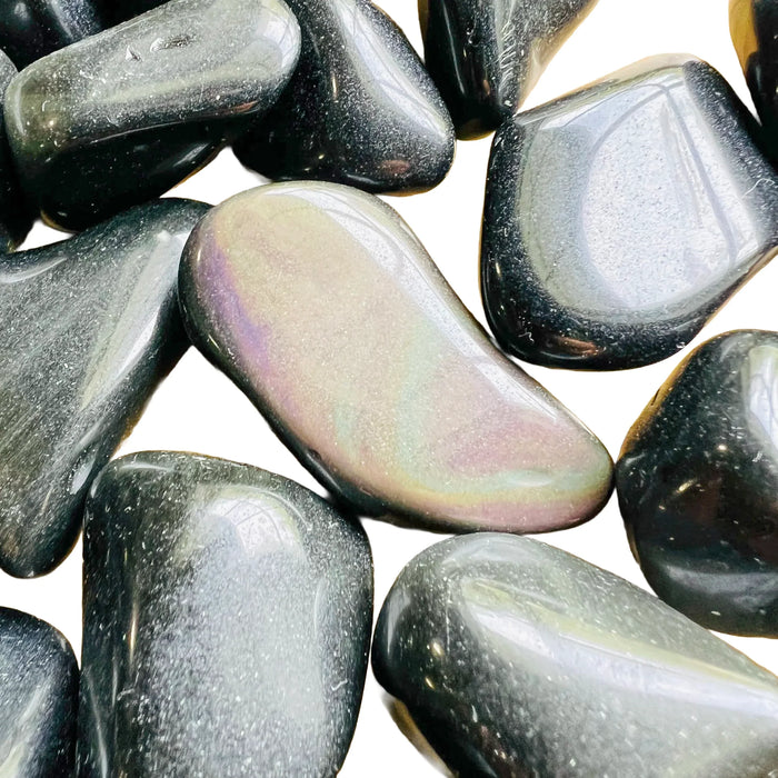 Full profile of Grade AA Rainbow Obsidian tumbled stone ready to ship from Beyond Bohemian