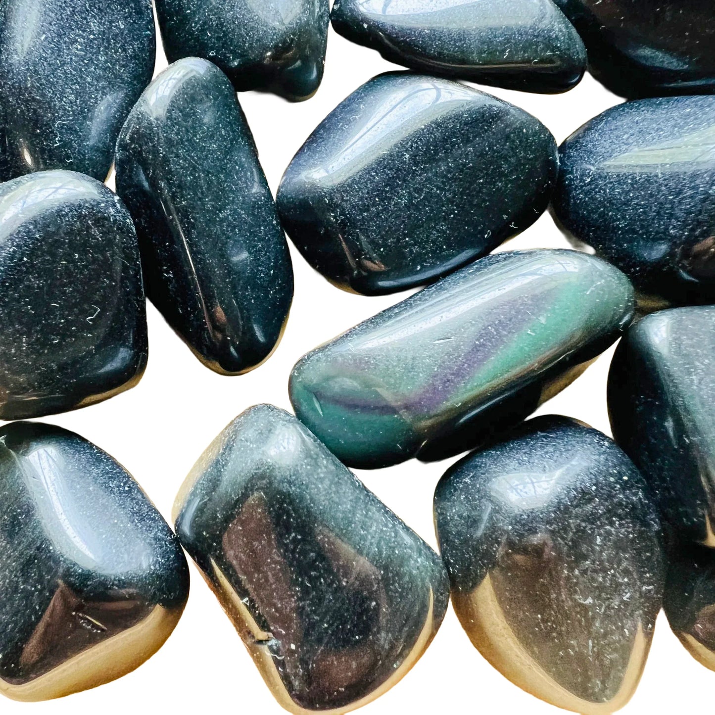 Full profile of Grade AA Rainbow Obsidian tumbled stone ready to ship from Beyond Bohemian
