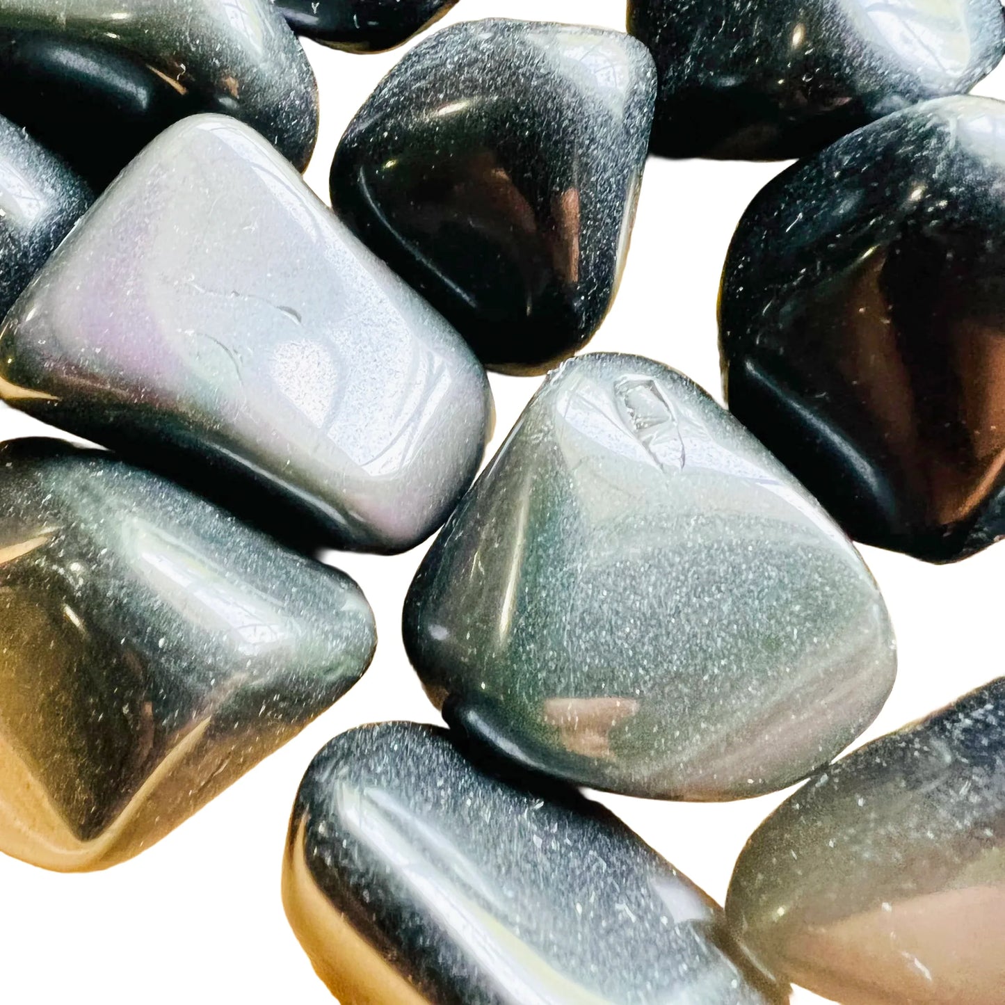 Top angle of Rainbow Obsidian tumbled stone, from Mexico.