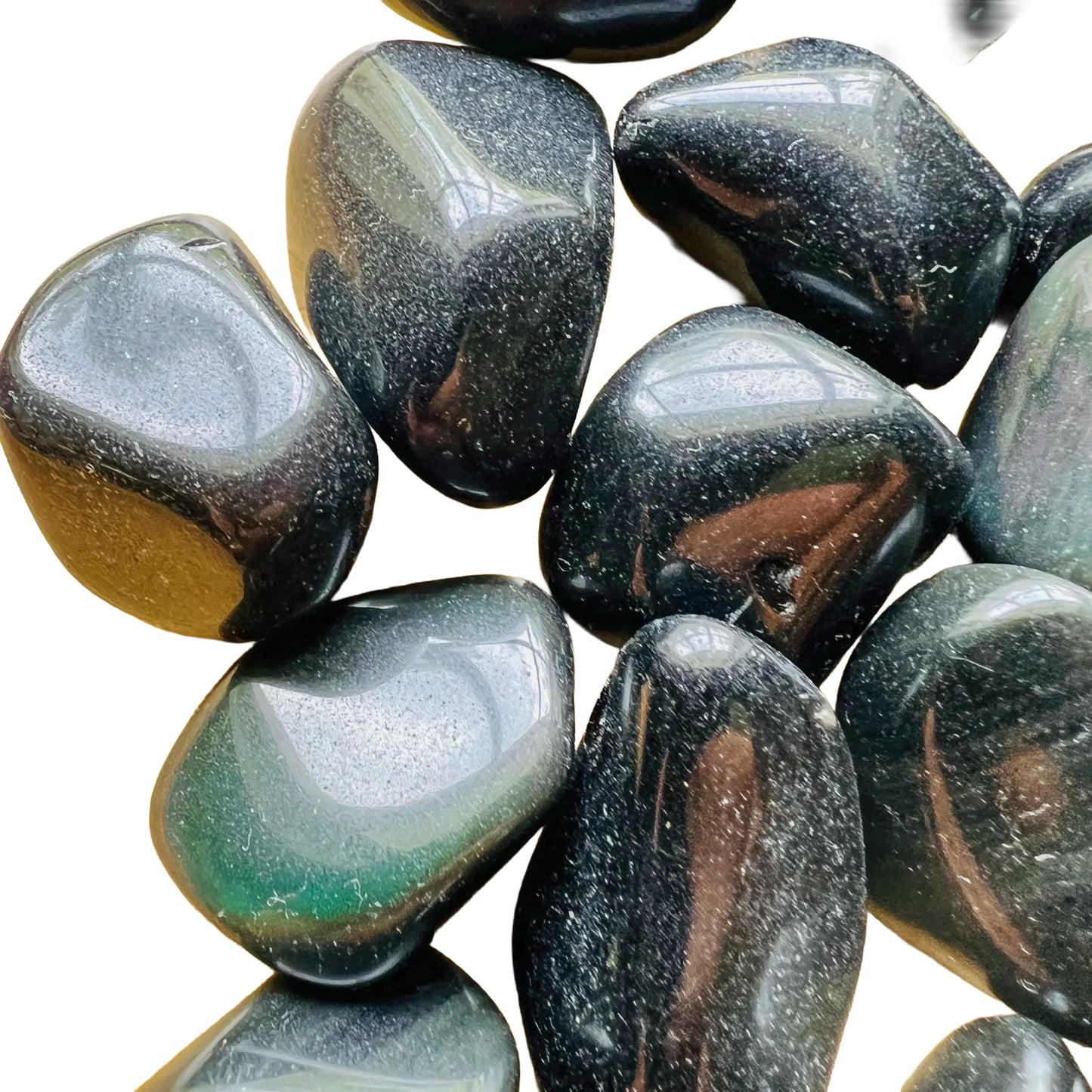 Natural surface of Rainbow Obsidian tumbled stone, from Mexico, turned to for Emotional Healing.
