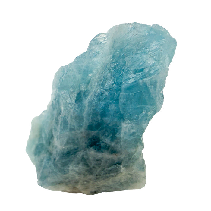 Aquamarine Raw Crystals, AA Grade, Brazil: one raw crystal on a white background, translucent blue with lengthwise striations