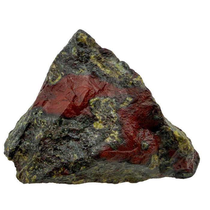 Dragon Bloodstone Raw Stones, AA Grade, South Africa: one raw piece on a white background, dark green with a bold red patch and yellow green flecks