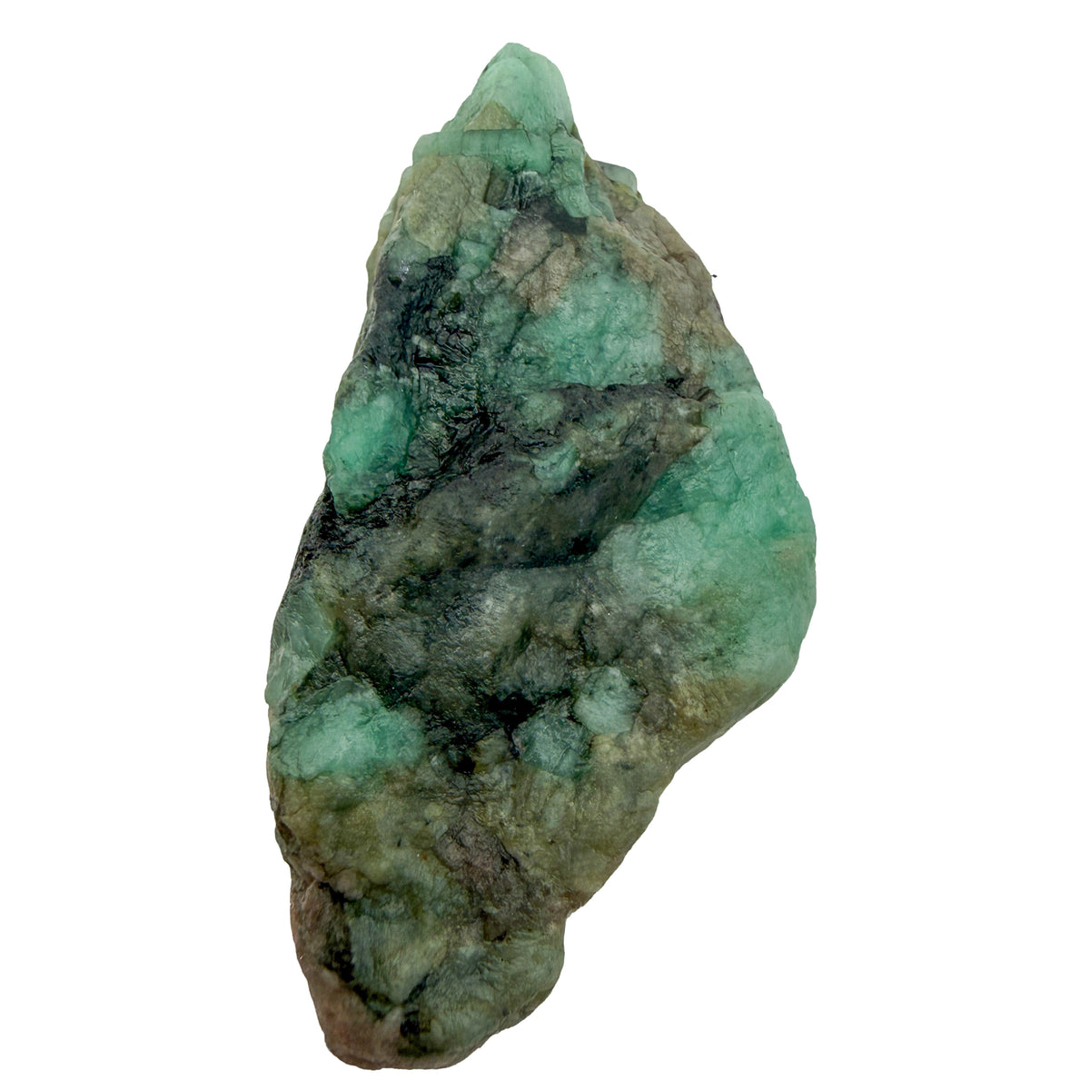 Emerald Raw Stones, A Grade, Brazil: one raw piece on a white background, green emerald patches in dark gray rock
