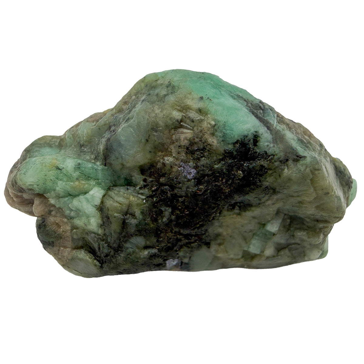 Emerald Raw Stones, A Grade, Brazil: one raw piece on a white background, gray green rock with pale green emerald patches and dark mica