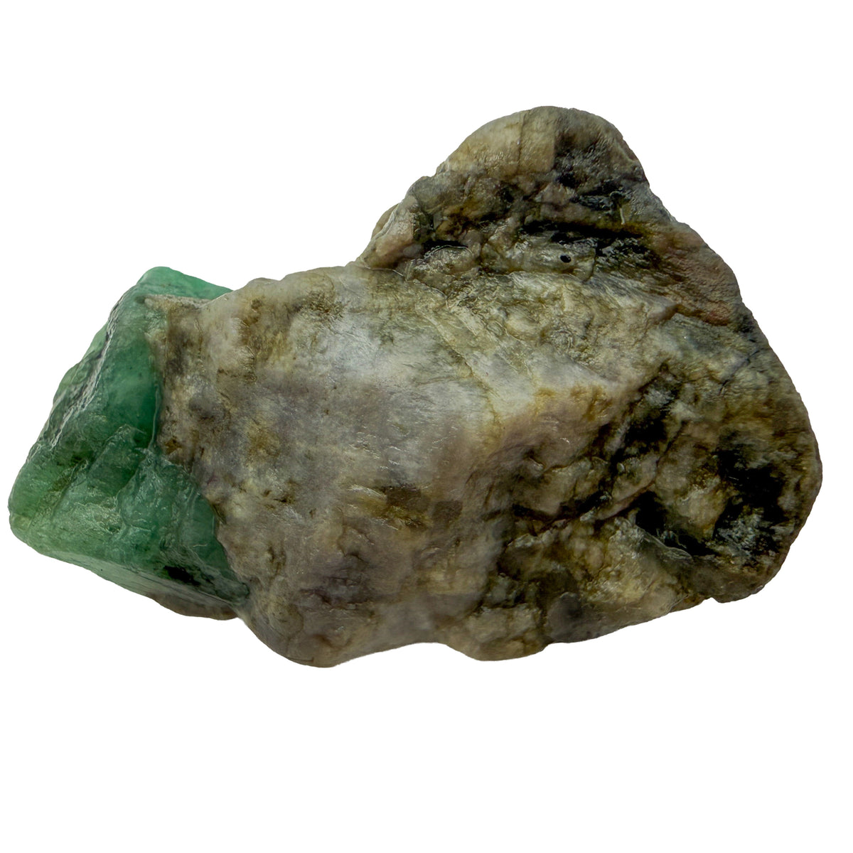 Emerald Raw Stones, A Grade, Brazil: one raw piece on a white background, gray and tan host rock with green emerald at one end