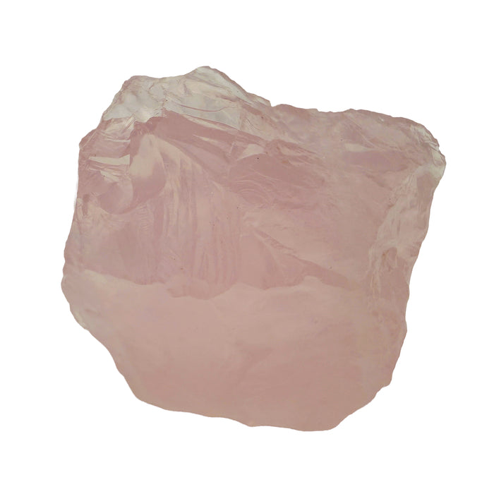 Rose Quartz Raw Crystals, AA Grade, Brazil: one raw piece on a white background, soft pink with a clear upper corner