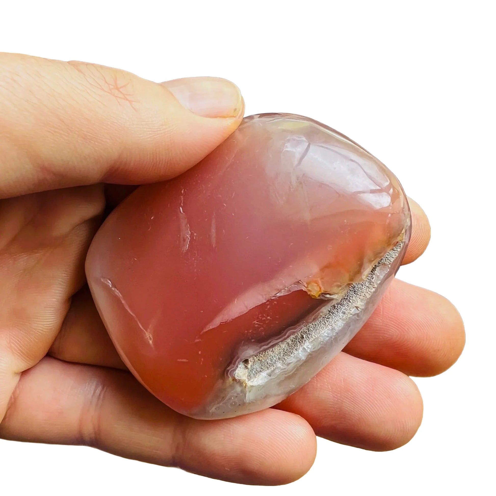 Scale reference of a Red Agate palm stone associated with Grounding and Protection, from Zimbabwe.