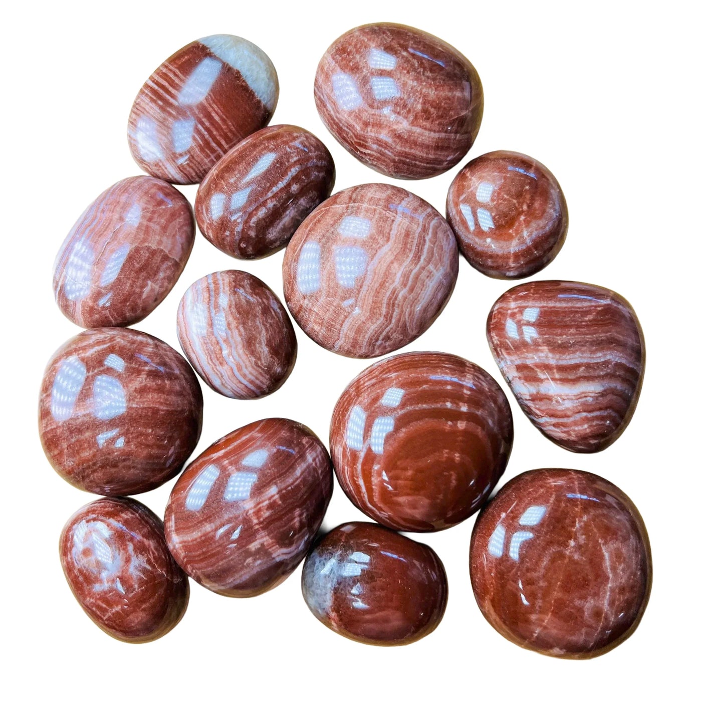 Full profile of Grade AAA Red Aragonite tumbled stone ready to ship from Beyond Bohemian