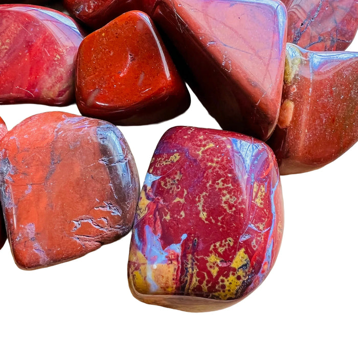 Plan view of Red Jasper tumbled stone, associated with Grounding.