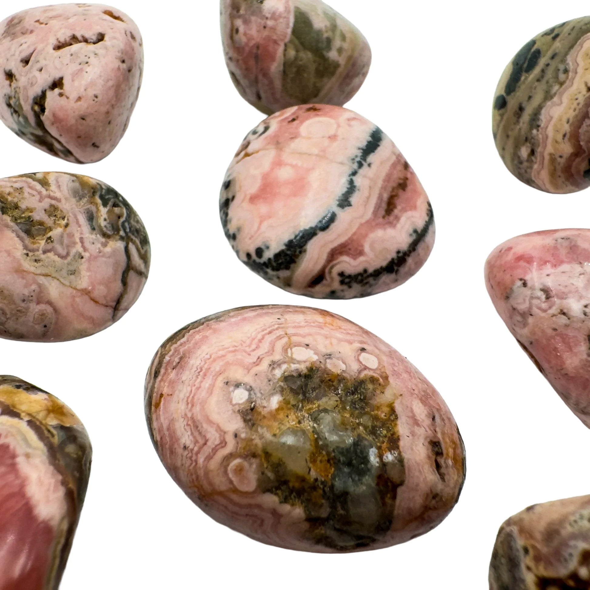 Back view of Grade A Rhodochrosite tumbled stone showing natural surface