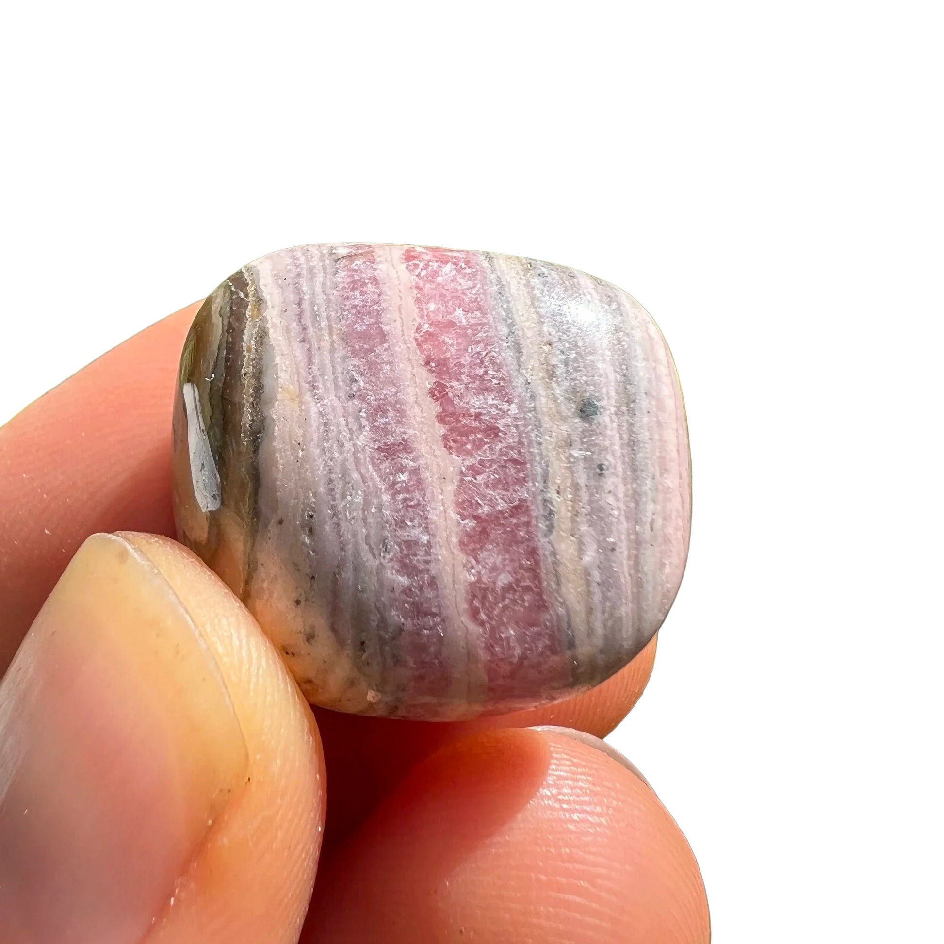 Full profile of Grade A Rhodochrosite tumbled stone ready to ship from Beyond Bohemian