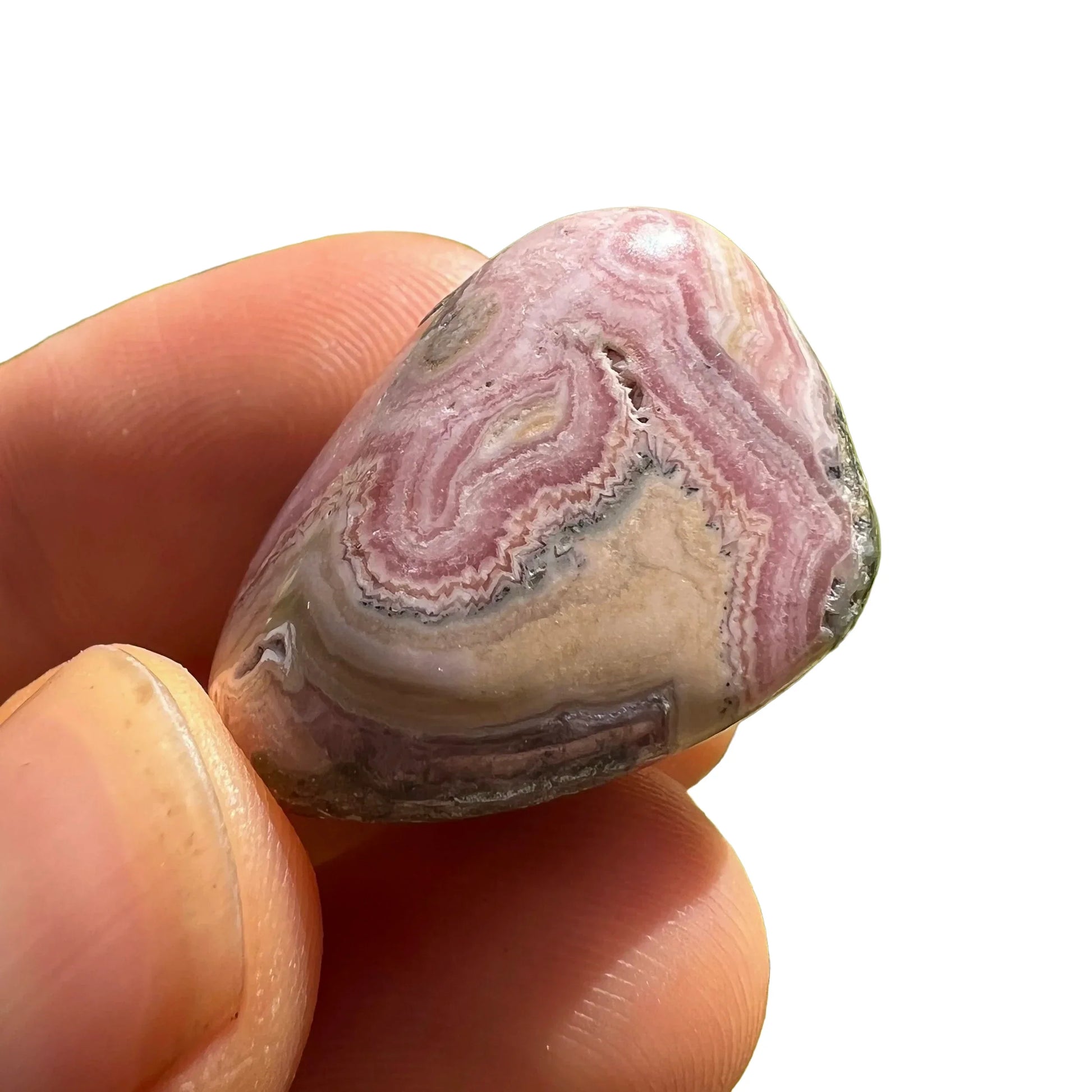 Full profile of Grade A Rhodochrosite tumbled stone ready to ship from Beyond Bohemian