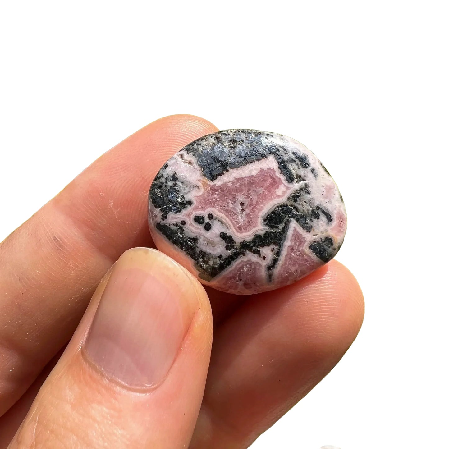 Full profile of Grade A Rhodochrosite tumbled stone ready to ship from Beyond Bohemian